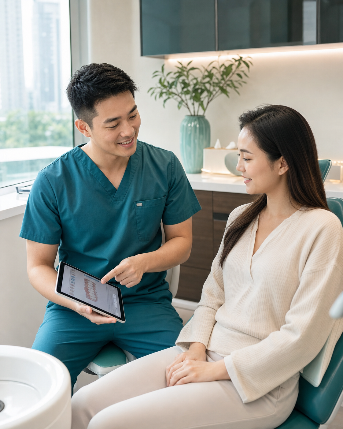 Dentist explaining treatment options to a relaxed patient