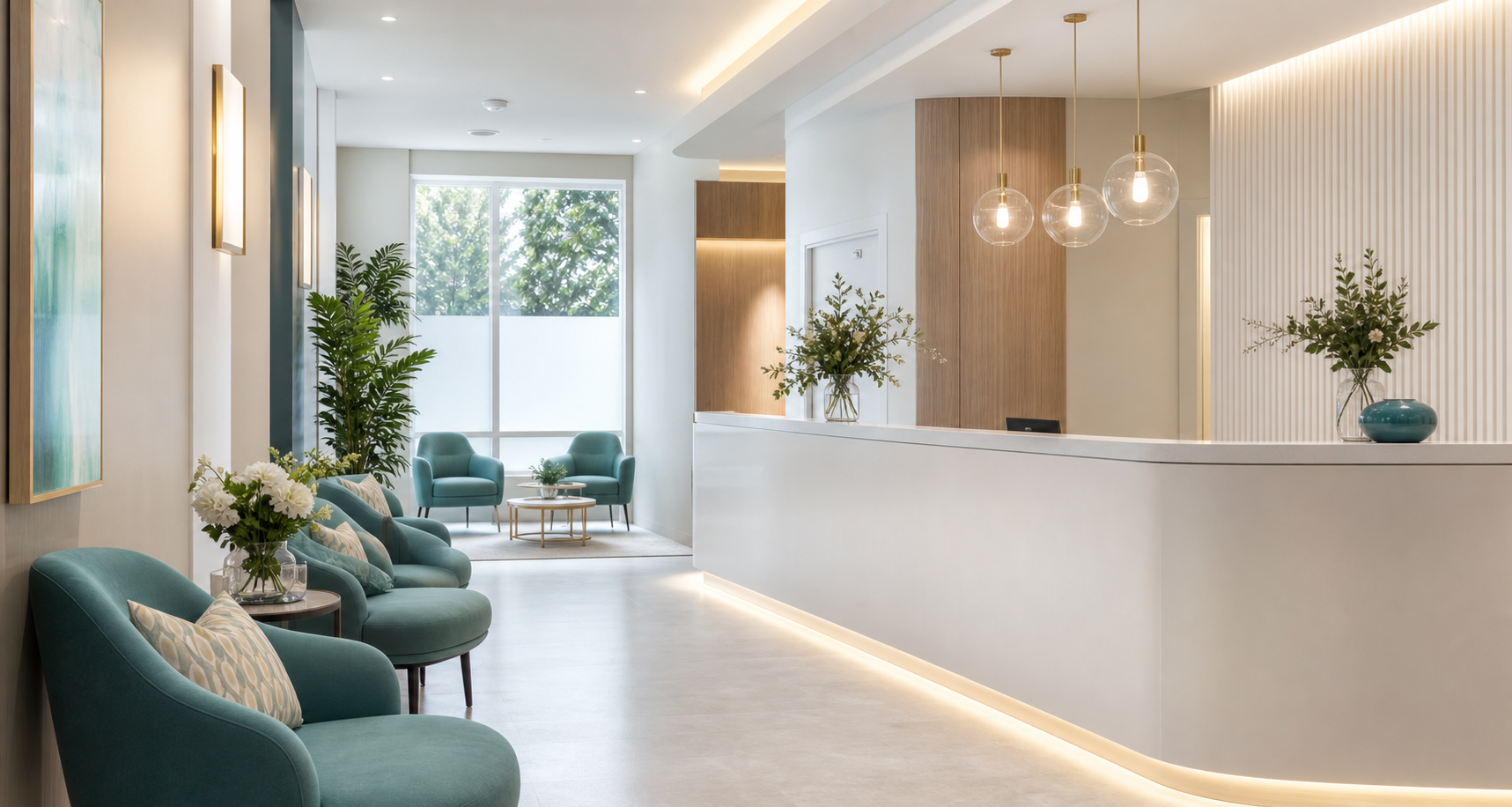 Warm modern dental clinic reception with teal chairs